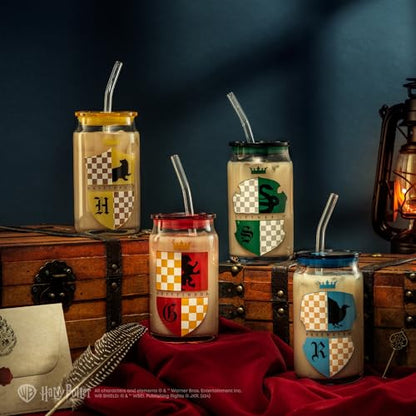 JoyJolt Harry Potter House Crests Glass Tumblers with Lids and Straws, 16oz Glass Cups with Lids and Straws, Can Shaped Drinking Glasses Set of 4, Hogwarts Cup, Harry Potter Merchandise - style: Harry Potter