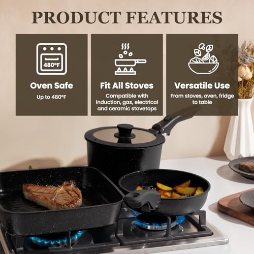 22 Pack Nonstick Pots and Pans Set, KIKCOIN Cookware Set with Detachable Handle, Kitchen Cooking Pans Set with Frying Pan, Grill Pan - Stackable for RV Kitchen, Induction Ready, Dishwasher/Oven Safe - color: Black, size: 22 Pack