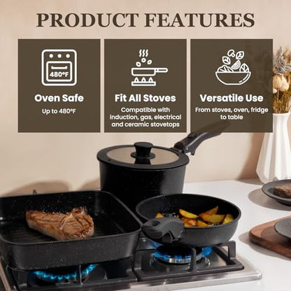 22 Pack Nonstick Pots and Pans Set, KIKCOIN Cookware Set with Detachable Handle, Kitchen Cooking Pans Set with Frying Pan, Grill Pan - Stackable for RV Kitchen, Induction Ready, Dishwasher/Oven Safe - color: Black, size: 22 Pack