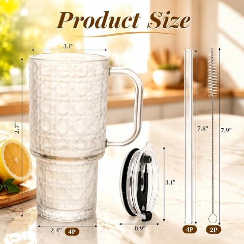 4 Pack Glass Tumblers, 17 Oz Drinking Glass Mugs | Reusable Iced Coffee Cups with Handle, Lid, Straw and Brush, Diamond Pattern Mugs for Cold Hot Beverages Smoothies