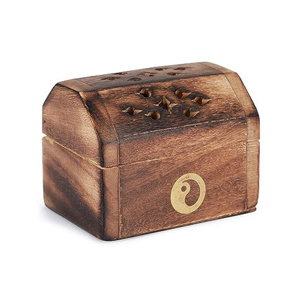 Bless-International Traditional-Handmade-Burner Wooden-Incense-Stick-Holder Ash-Catcher-Stand for-Aromatherapy-Meditation-Yoga (Treasure Box Wooden Charcoal/Cone) - color: Treasure Box