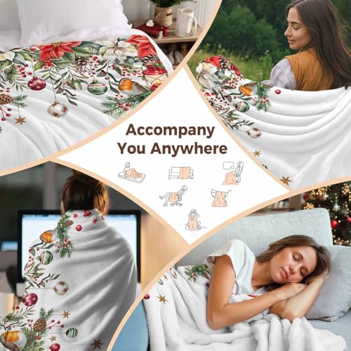 Christmas Throw Blanket, Poinsettia Balls Birds Berries Super Soft Warm Flannel Blankets for Bed Couch Sofa Xmas Winter Botanical Lightweight Fluffy Plush Bed Throws 50x60 Inch - color: White Red, size: 50''x60''