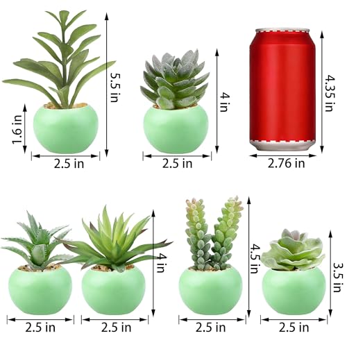 GREENTIME 6Pcs Artificial Succulents in Ceramic Pots Fake Potted Plants | Small Fake Succulents Zero Care for Bathroom Bedroom Desk Office Table Shelf Living Room Vanity Cabinet Windowsill - color: Green-light Green Round Pot