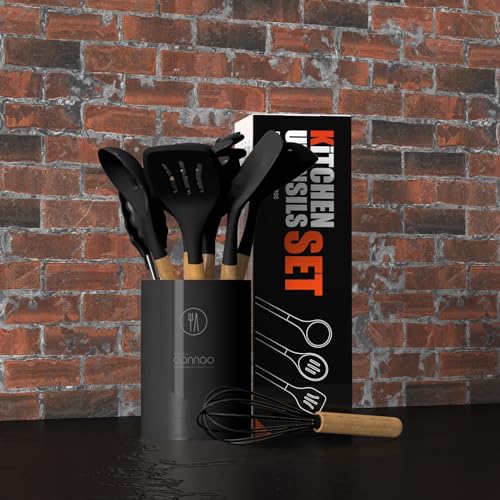 oannao Silicone Cooking Utensils Set - 446°F Heat Resistant Silicone Kitchen Utensils for Cooking,Kitchen Utensil Spatula Set w Wooden Handles, BPA FREE Gadgets for Non-Stick Cookware (Black) - color: Black