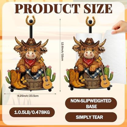 Western Cowboy Highland Cow Paper Towel Holder Cowboy Kitchen Bathroom Decor Farmhouse Metal Highland Cow Western Towel Holder Stand with Round Base for Home Countertop Toilet Accessories - style: Cowboy