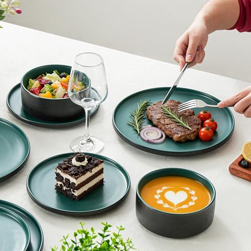 Ceramic Salad & Dessert Plates Set, 8 Inch, Set of 4, Modern Green | Stoneware, Dishwasher & Microwave Safe, Small Dinner Plates, For Cake, Fruits, Waffle, Pasta, Salad - color: Green, size: Salad Plates Set (4PCS)