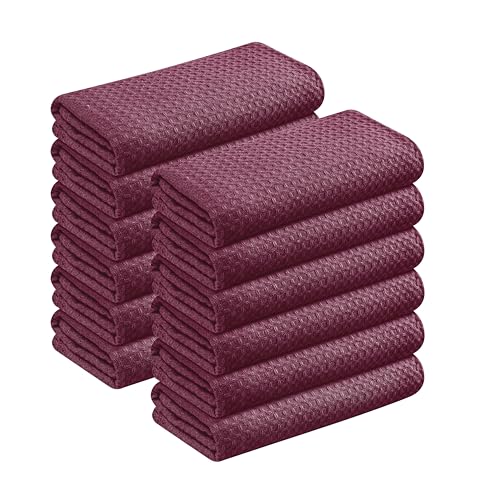 Burgundy Waffle Kitchen Dish Towels, 100% Cotton, Quick Dry, Super Absorbent, Soft, 16x26 Inches – Ideal for Dish Drying, Bar, Hand Wipe, Cleaning, and Everyday Use, 12 Pack, Maroon