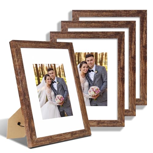 Hongkee 9x12 Picture Frame Set of 4, Made of Glass and Rustic Brown Wooden Frame - Display Picture 6x8 with Mat or 9 x 12 Without Mat, 9 by 12 Photo for Wall or Tabletop - color: Rustic Brown, size: 9x12 in