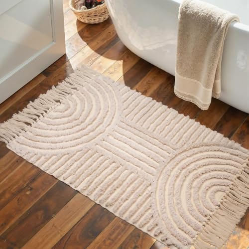 Boho Bathroom Rugs with Tassels 2'x3' Cute Bath Mat Beige Cotton Rug Fits Perfectly Into Your Bath Machine Washable Woven Rug, 24 x 36 inch - color: Rainbow Cream, size: Small(2'x3')