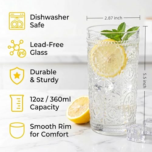 Bekith 6 Pack Romantic Drinking Glasses, 12 oz Highball Glasses, Thick Water Glasses, Tall Glass Cups for Beverages, Beer, Cocktail, Vintage Glassware Set for Dinner Parties, Bars, Restaurants