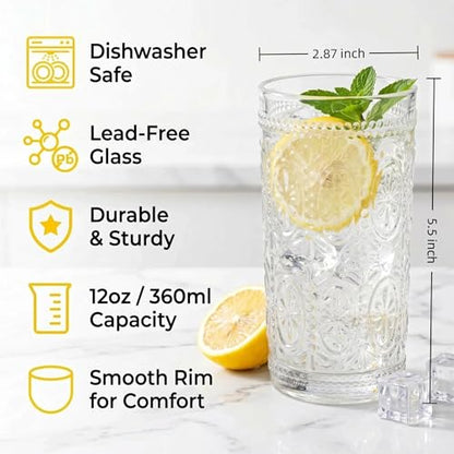 Bekith 6 Pack Romantic Drinking Glasses, 12 oz Highball Glasses, Thick Water Glasses, Tall Glass Cups for Beverages, Beer, Cocktail, Vintage Glassware Set for Dinner Parties, Bars, Restaurants