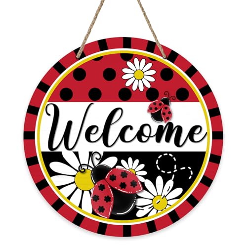 Welcome Spring Summer Ladybug Front Door Sign, Daisy Flower Red | Black Wood Door Hanger Outdoor Outside Porch Decor, Polka Dot Stripes Seasonal Wooden Wreath Indoor Wall Hanging Decoration - color: Ladybug