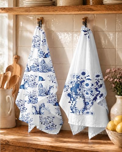 Flour Sack Kitchen Towels Set of 2, 18x26 Inch, Cat Flower | 150GSM Cotton, Lint-Free, Quick Dry, Hanging Loop, Lightweight Tea Towels, French Home Decor, Chinoiserie, Housewarming Gift - color: Cat Flower