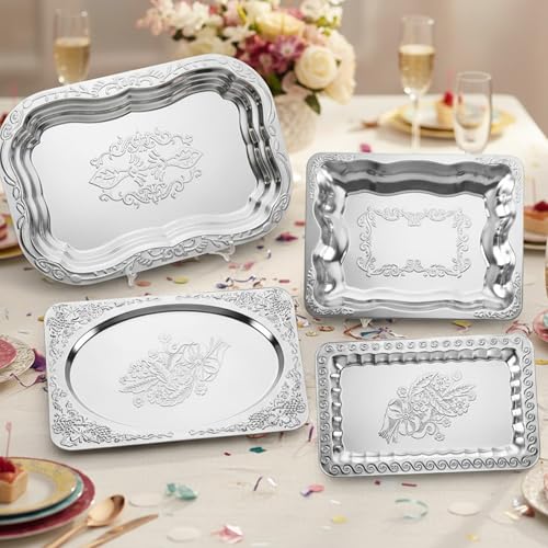 Rtteri 4 Pack 15.7" x 11.8" Large Silver Serving Trays for Party Set, Floral Engraved Serving Platters, Wedding Birthday Mirror Tray for Party, Appetizer, Charcuterie, Cookies, Desserts (Classic) - style: Classic