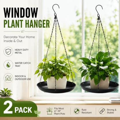Window Plant Hanger 2 Pack, Black Metal Hanging Plant Shelf with Water Catcher Tray, Outdoor Hanging Planter Basket for Balcony, Patio & Indoor Home Decor - size: 9.8in-2Pack