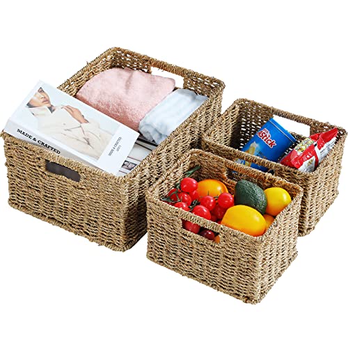 HOONEX Large Wicker Baskets for Storage, Seagrass Baskets with Dual Handles, Woven Baskets for Storage, Set of 3, Natural - color: Natural (Seagrass), size: 17 x 12.2 x 7.5 inches