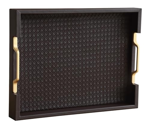 HofferRuffer Faux Leather Rectangle Serving Tray Decor Platter with Gold Metal Handles for Coffee Table, Breakfast, Tea, Food, Countertop, Kitchen, Butler Tray, 16.2 x 12.2 x 2 inches (Coffee) - color: Coffee