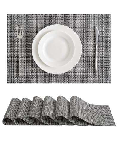 Leetaltree Woven Vinyl Placemats Set of 6, Charcoal Gray | High Density, Basketweave Woven, Stain Resistant, Easy to Clean, Washable Table Mats for Indoor Dining and Outdoor Patio - color: 00- Charcoal Gray, size: Set of 6