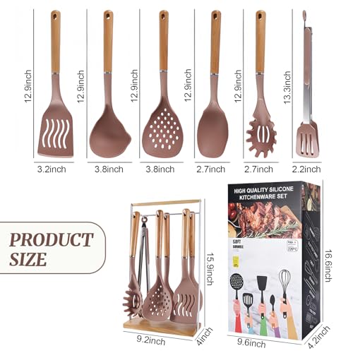 Chef Kitchen Cooking Utensils Set, Heat Resistant Silicone Kitchen Utensils Sets with Storage Rack, 7PCS Gadgets Tools Set with Wooden Handle for Nonstick Cookware,Tongs, Turner, Skimmer (Khaki) - color: Khaki