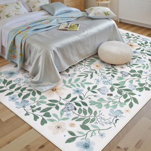 Lahome 5x7 Light Blue Rugs for Girls Bedroom, Boho Washable Floral Rug | Non-Slip Thin Carpets for Kids Bedroom Teen Girls Retreat Nook Dorm Playroom - color: Light Blue Floral, size: 5' x 7' (Rectangular)