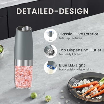 Battery Operated Salt And Pepper Grinder Set 2 Pack (LightGrey) | Gravity-Activated Automatic Grinder With Led Light & Adjustable Coarseness, Each Uses 6 Aaa Batteries,Kitchen Daily Seasoning - color: Battery/2pcs/LightGrey