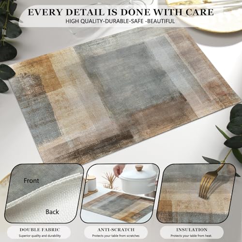 Mcalk Brown Table Runner and Placemats Set of 6, Abstract Grey Placemats, Modern Art Cloth Place Mats Indoor for Kitchen,Washable Linen Material for Dining Table - color: 01brown2