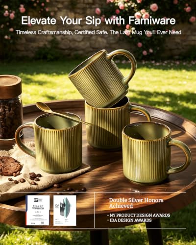 famiware Coffee Mug Set of 4, Star 12 oz Ceramic Mugs Cups Set with Handle | Stoneware Stackable Catering Cup for Coffee, Tea, Cappuccino, Latte, Microwave & Dishwasher Safe, Moss - color: Star-Moss, size: 4 Count (Pack of 1)