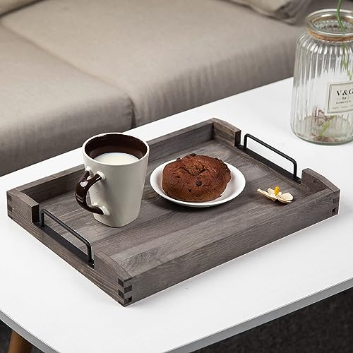 Country Rustic Torched Wood Nesting Breakfast Serving Trays with Handles, Set of 3 (Dark Grey) - color: Dark Grey