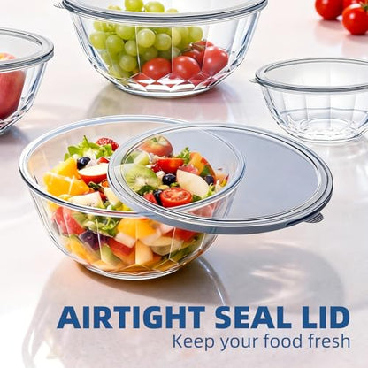 Luvan 5-Piece Glass Mixing Bowls Set with Lids - Clear Salad Bowls with Lids Set, Diamond Pattern Large Glass Mixing Bowl for Baking Prep, Serving & Storage - color: Clear Gray