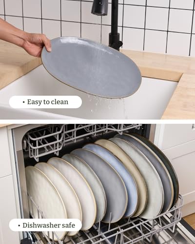 famiware Serving Platter, Oval 15.59/14.3/12.9 inch Serving Dishes for Entertaining, Serving Bowls, Microwave Safe, Fine Stonware Serving Trays for Party, Turkey, Cheese, Ocean Series, Dark Grey - color: Dark Gray