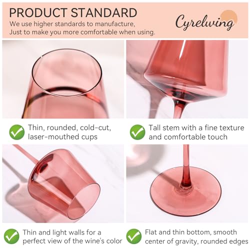 Rose Wine Glasses Set of 6,18oz Rose Wine Glassware Gift Set for Wife & Mom-Colorful Hand Blown Glass Drinkware for Red White Wine - color: Rose