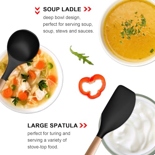 Silicone Cooking Utensils Set of 5, Heat Resistant Silicone Kitchen Utensils Set with Wooden Handle, BPA Free Spatula Spoon Turner Ladle Cooking Kitchen Gadgets for Nonstick Cookware & Baking - color: Black, size: Standard 5-Piece Set
