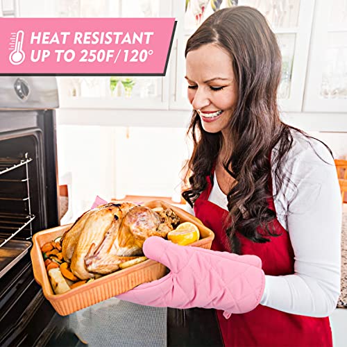 Heat Resistant Thick Cotton Oven Mitts Set, Soft Quilted Lining, Strong Grip Potholders for Hot Pans and Oven, Kitchen Mitt Pair Protect Hands, Cooking Baking BBQ Gloves, 11 Inch, Pink