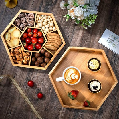Snack and Serving Tray Set – 13" Divided Bamboo Appetizer Platter for Dry Fruit, Nuts, Cheese and Charcuterie (Bamboo, 13"x11")