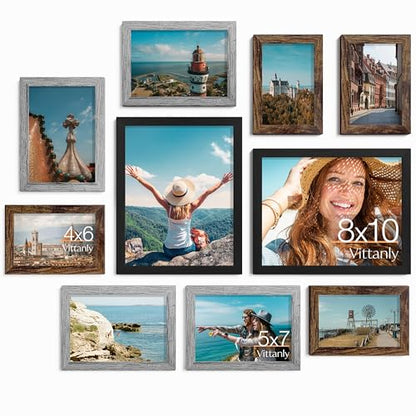 Vittanly 10 Pack Gallery Wall Frame Set, Black, Brown, Grey | Gallery Wall Frame Set: 2pcs 8x10, 4pcs 5x7 & 4pcs 4x6 Photos for Wall & Table, Picture Frames made of Engineered Wood - color: Black & Brown & Grey