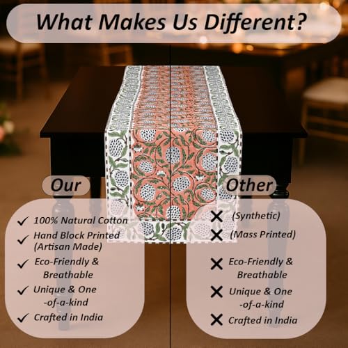 Dark Salmon Hand Block Print 100% Cotton Table Runner 16x106 Inch | Perfect for dining tables, buffets and celebrations, reusable, machine washable, Decorative Everyday Use, indoor & outdoor.