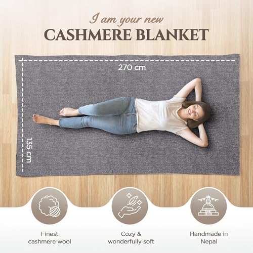 Cashmere Blanket – Hand Woven 100% Pure Wool Throw Blanket, 135 x 270 cm – Plain Cozy, and Soft Blanket for Bed, Sofa, or Couch - Made in Nepal - color: Black Grey
