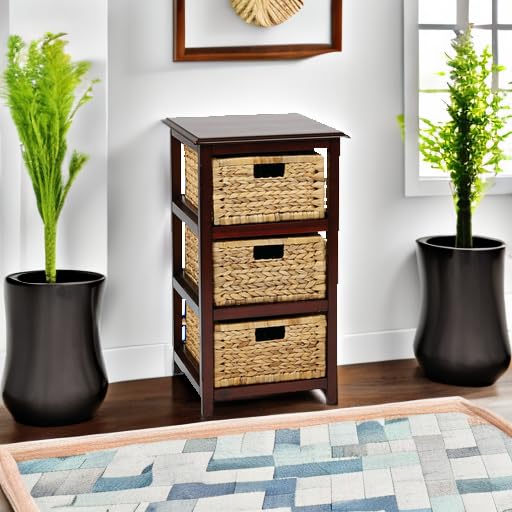 OSP Home Furnishings Seabrook Storage Tower with Solid Wood Frame and Natural Baskets, 3-Drawer, Espresso Finish - color: Espresso Finish, size: 3-Drawer