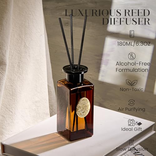 M&SENSE 6.3 oz Large Reed Diffuser Set | Tobacco Teakwood Scent Oil Diffuser with Sticks | Hotel Collection Non-Toxic Essential Oil |for Bedroom Bathroom Living Room - color: Tobacco Teakwood, size: 180ml