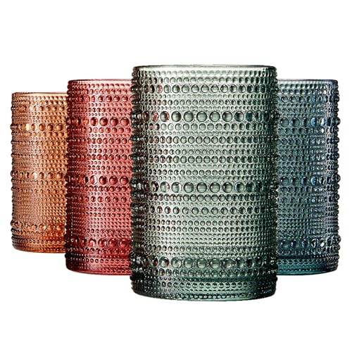 Khen Hobnail Beaded Highball Drinking Tumbler Glasses | Set of 4 | Color, Vintage Bubble Design Whiskey Glassware, Old-Fashioned, Embossed Design for Water, Wine, Cocktail Embossed, Rocks Glass - color: Muted Pastel Highball