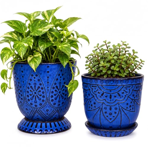 Gepege Ceramic Plant Pots, 6 Inch Indoor Planters with Drainage & Saucers | Ceramic pots for plants with drainage holes, ceramic saucers and mesh pads, ideal for flowers, herbs and succulents, set of 2 - color: Blue, size: 6 Inch - Set of 2