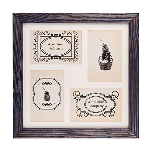Rustic Solid Wood Square Collage Photo Frame 12x12 inch – Display Four (4) 4x6 inch Pictures with Mat Wall Tabletop - Dark Grey - color: Dark Grey