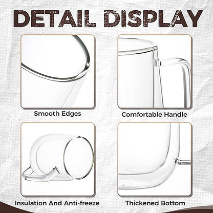 2 Pack Double Wall Insulated Coffee Mugs 8 oz | Clear glass coffee mugs espresso with handle Perfect for Americano, Latte, Cappuccino, Espresso, Beverage and Tea