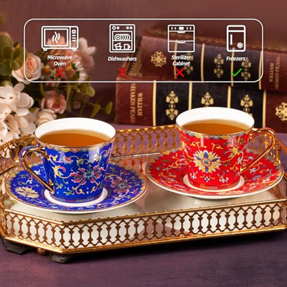 KAMMAK Tea Cup and Saucer, Ceramic Coffee Cups, 8 oz, Set of 2 | Porcelain Tea Cups with Saucers for Coffee and Cappuccino, Ideal for Breakfast, Afternoon Tea and Entertaining,629N+630N - style: 629N+630N