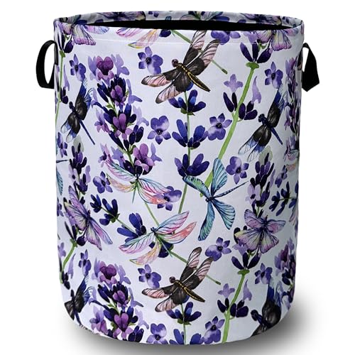 Purple Floral Laundry Basket Oxford Cloth Foldable Hamper 18.9x16.5 Inch | Colorful Dragonfly With Handle Tote Bag Laundry Hamper Clothes Storage Bucket Toy Organizer For Bathroom/Laundry/Bedroom - color: Dragonfly and Purple Flowers