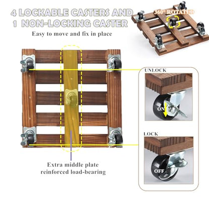 2 Pack Plant Stand with Wheels, 14" Rolling Plant Stand 264 LBS Heavy Duty Wooden Square Plant Caddy with Metal 360° Lockable Caster Wheels for Outdoor Indoor Large Plant Pots, Flower Pot, Patio - size: 14"- 2pack