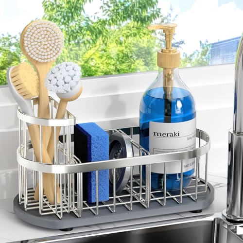 Sink Caddy Kitchen Sink Organizer, Sponge & Brush Holder, Stone Drying Mat | Space-Saving Sink Sponge Holder with Full-Size Tool Storage, Fits Most Sinks, Kitchen Sink Accessory and Countertop Organizer - color: Silver