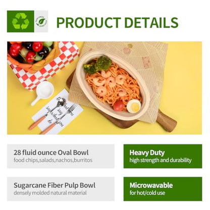28 oz Oval Paper Bowls 100 Pack Chipotle Style Oval Disposable Bowls | BPA Free Sugarcane Fiber Pulp Bowls, Serving Burrito, Nachos, Taco Salads, Baked Potatoes, Taco Bar Supplies for Party - size: Oval 9.69 x 6.22 x 1.65 inch