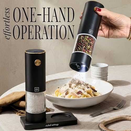 Styled Settings Electric Salt and Pepper Grinder Set Rechargeable, Black | Automatic Salt and Pepper Shaker Set with USB-C Port, LED Light, Adjustable Coarseness, One Touch Control, Stainless Steel - color: Black