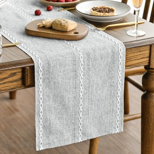 Artoid Mode Grey Rustic Cotton Linen Table Runner, Seasonal Embroidered Hollow Kitchen Dining Table Decoration for Home Party Decor 13x36 Inch - color: Grey, size: 13" x 36"